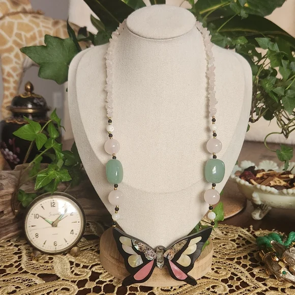 Lee Sands Vintage Inlay Elegant Butterfly Necklace with Pink and Green Accents - Picture 10 of 10